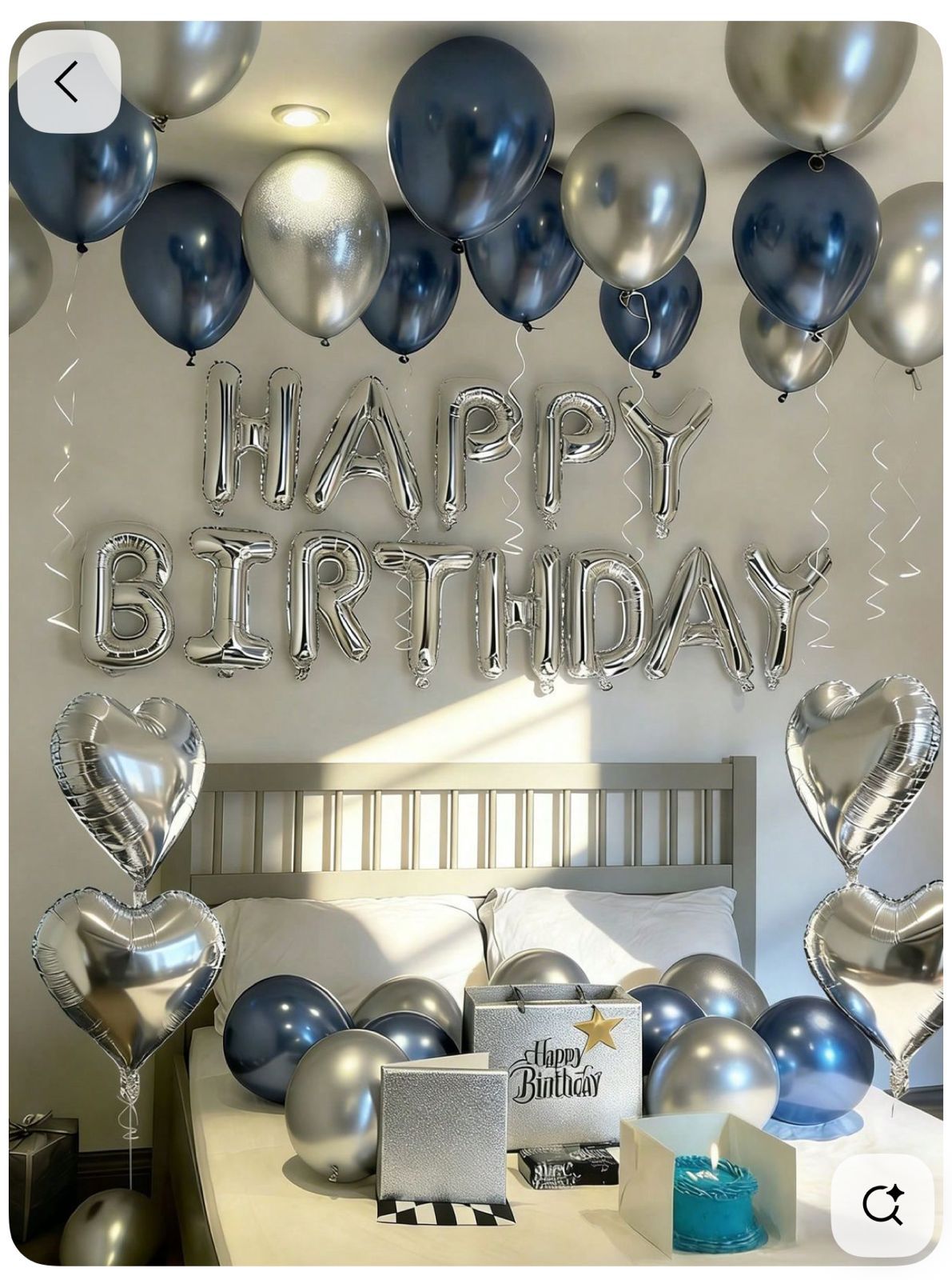 Blue and Silver Birthday balloon setup